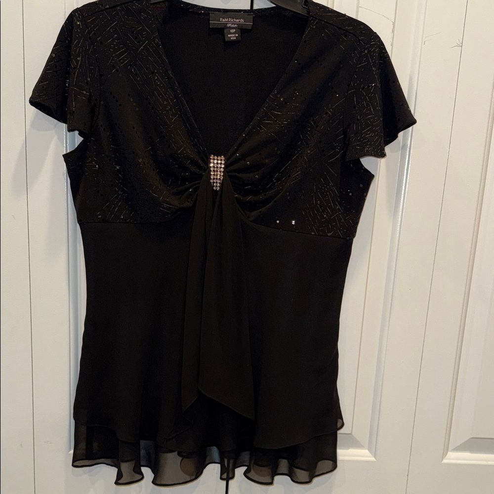 Rafaella Black V-Neck Beaded Accent Evening Blouse